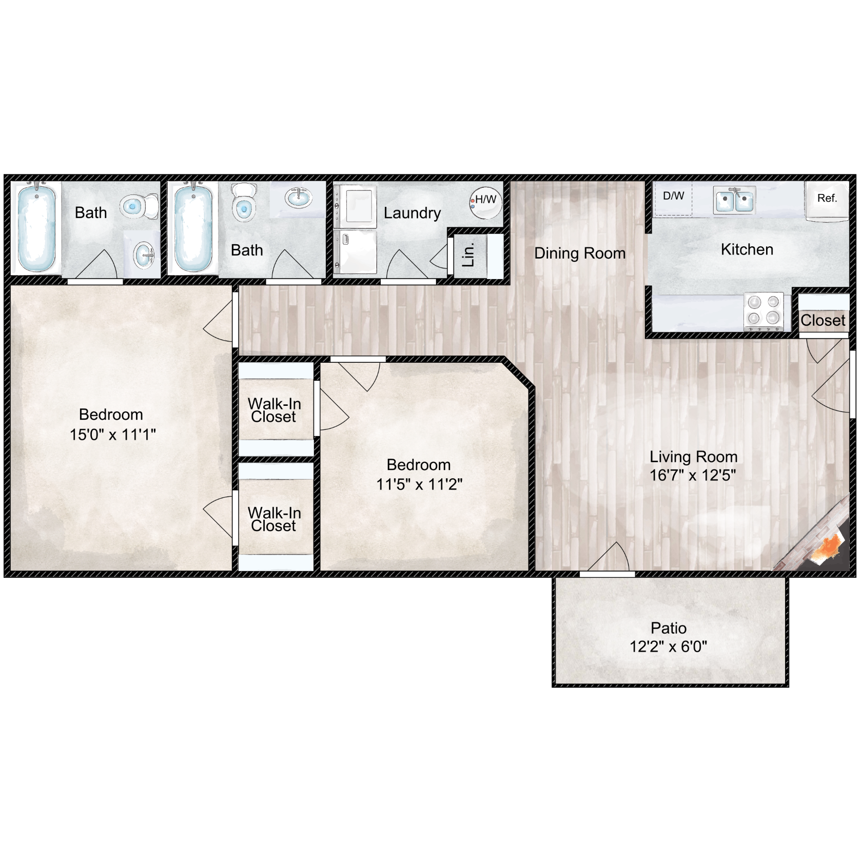 Floor plan for 2 beds, 2 baths, 950 sqft